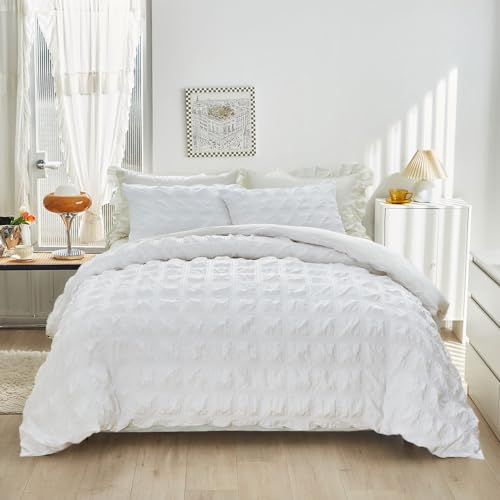 YASMENG Seersucker Ropa de cama de 155x220 cm, 3 piezas, color blanco, a cuadros, ropa de cama de verano, suave, romántica, funda de edredón con cremallera y 2 fundas de almohada de 80x80 cm