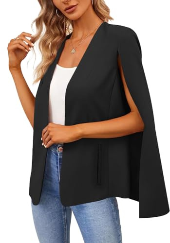 Women's Cape Blazer Split Long Sleeve Open Front Blazer Jacket Business Casual Suit Tops Cardigan Coats Black