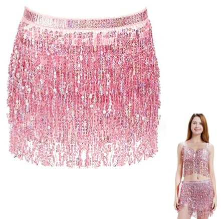 KGDUYC Faldas de Danza para Mujer,Cadena de Cintura para Danza del Vientre, Bufanda de Cadera de Danza India, Borla de Lentejuelas Bohemias, Bufanda de Cadera, Disfraz de Rendimiento (Rosa)