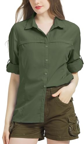 Blusa para mujer UPF 50 con protección UV, camiseta de manga larga para mujer, ropa de safari, transpirable, de secado rápido, para exteriores, para senderismo, informal, top deportivo, verde militar,