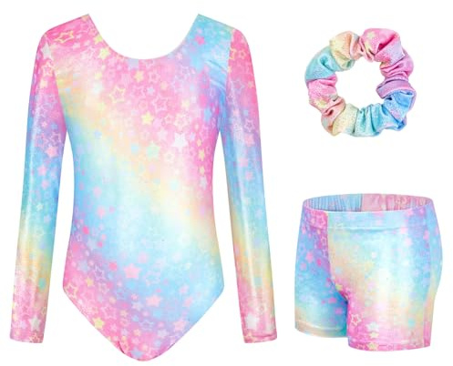 JiAmy Gymnastics Leotards for Girls with Shorts Set, Long Sleeve Kids Gymnastics Athletic Outfit for Kids 3-12 Years