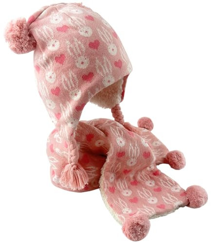 Cappello e sciarpa per ragazze, Sciarpa calda Invernale lavorata a maglia per bambini, Cappello in pile, Berretto con pompon con paraorecchie, Set per la stagione fredda per 1-7 Anni (Pink, 2-4 anni)