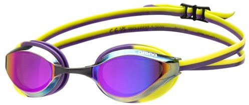 ARENA Python Racing-Schwimmbrille für Damen und Herren, Anti-Beschlag, verspiegelte Gläser, Doppelriemen, kleine Passform, Violett/Pflaume/Arctic Lime