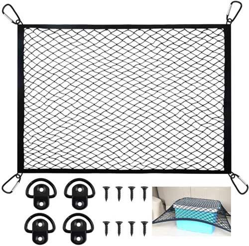 Anseom Filet pour Coffre de Voiture 80×60cm Extensible Jusqu'à 160x120cm, Filet à Bagages de Coffre avec 4 Anneaux en Acier et 8 Vis Bord Élastique Maintient Les Charges Plus Fermement