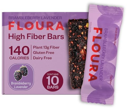 Floura Brambleberry Lavender Fruit-Forward Fiber Bars– High Fiber, Vegan, Gluten & Dairy Free, Low Calorie Healthy Snack Bars with Upcycled Produce for Gut Health [10 Pack]