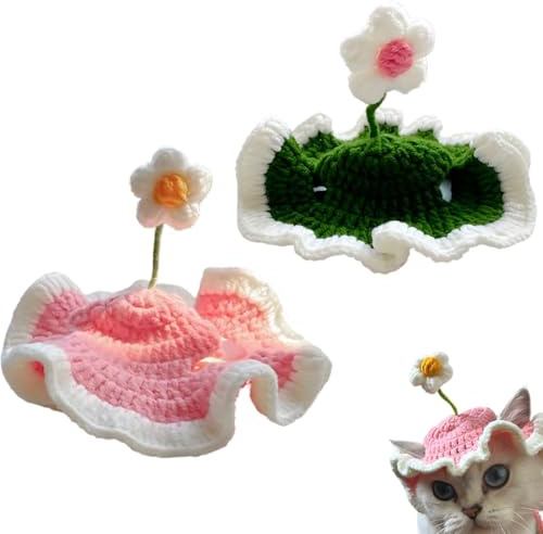 ZUWIJEQ 2 Pcs Bonnet pour Chien Tricoté, Bonnet pour Chat Confortable, Chapeau pour Chat Style Mignon, Cagoule Chien pour Chat Petits Chiens Accessoire de Fête de Chiot (Vert,Rose)
