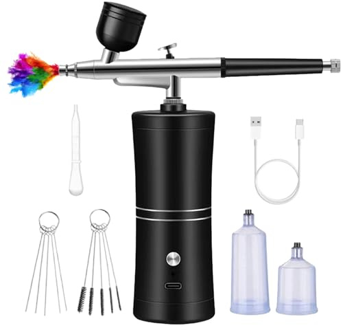 WIYETY Juego de AirBrush con compresor: Pistola de aerógrafo portátil multifunción recargable, aerógrafo portátil para diseño de uñas, decoración de pasteles, maquillaje, tatuajes, pintura, coloración