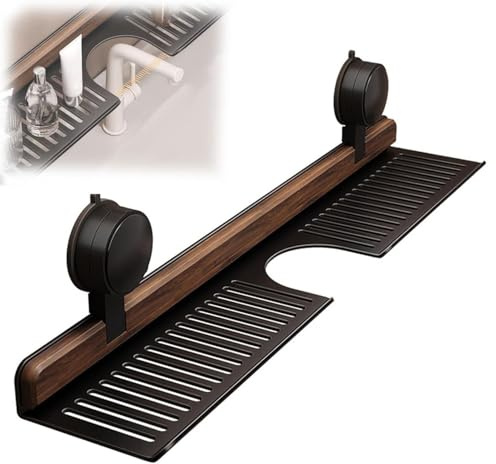 Étagère de salle de bain à ventouse en noyer sans perçage pour évier de salle de bain, étagère de rangement murale en bois pour cuisine, organiseur flottant amovible (noir, 80 cm)