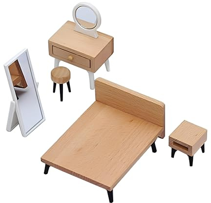 Decoración De Casas De Muñecas, 5 Piezas Mini Casa De Habitación Conjunto, Accesorios para Casas De Muñecas En Miniatura Escala 1/12-Espejo, Cama, Armario, Taburetes, Mini Muebles Casa De Muñecas