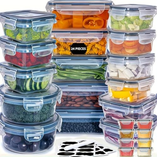 Livhome 48pc Clear Airtight Food Storage Containers with Labels & Marker, BPA-Free Plastic Food Jars, Pantry & Fridge Storage Solution, Stackable Lunch Containers (24 Boxes + 24 Lids)