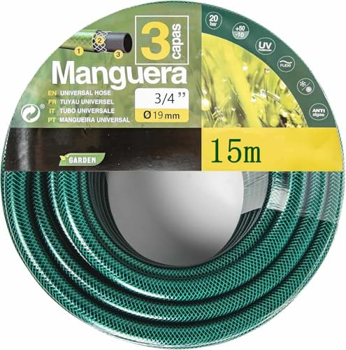 YIJIA | Manguera de jardín,Fabricada en tela cruzada de poliéster - Manguera para Riego Reforzada 3 Capas,Presión de rotura de 20 bar - Diámetro Ø3/4 (19mm), Verde,15 Metros