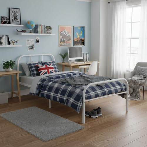 FurnitureR Cadre de Lit en Métal Blanc, Structure de Literie Simple avec Sommier à Lattes, pour Chambre Adulte, Design Moderne avec Tête et Pied de Lit Décoratif, Dortoir, Studio, Hôtel, 90x190 cm