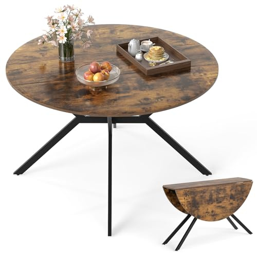 COSTWAY Folding Dining Table for 4-6, 120cm Extendable Round Drop Leaf Table, Space Saving Metal Frame Dinner Table Furniture for Home Kitchen Dining Room Office (Rustic Brown+Black)