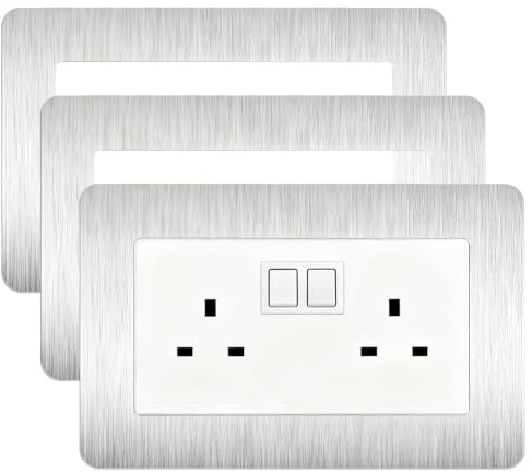 BRIOTA 3Pcs Brushed Silver Light Switch Surround,Double Socket Wall Plate Cover,Decorative Switch Surround Plate for Home Wall Decoration and Protection,14.6 x 8.6 cm