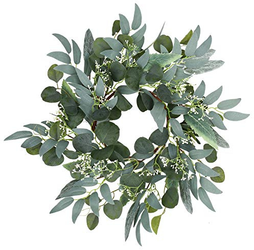 Artificial Green Eucalyptus Wreath,15 inches Greenery Wreath with Clusters of White Flowers Mini Spring/Summer Wreath for Front Door Wall Window Decor