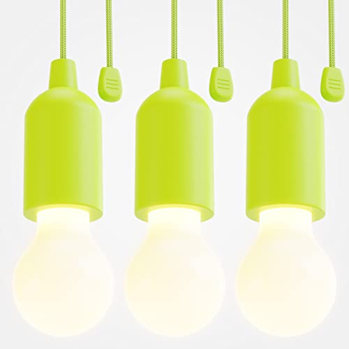 greate LED Lampe batteriebetrieben grün - 3x Pull Light 1W mit Zugschalter inkl Batterien - kabellose Leuchte warmweiß - mobiles Licht ideal für Garten Zelt Camping Kleiderschrank Party Dekoration