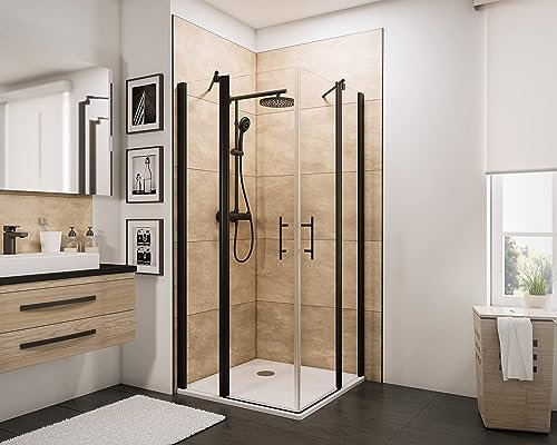 Schulte cabine de douche accès d'angle droit 80 x 80 x 192 cm avec 2 portes de douche battantes, noir, verre de sécurité 5 mm transparent antical, plage de réglage 78.5-80.3 cm,largeur d'accès 69 cm