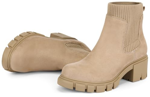 FITORY Womens Chelsea Boots, Elastic Ankle Booties with Chunky Mid Heel and Lug Sole, Comfy Trendy Slip on Shoes for Fall and Winter Tan Size 7