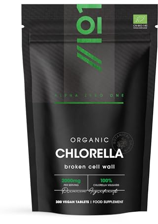 Chlorelle Bio 2000mg – 300 Comprimés Véganes – Paroi Cellulaire Cassée – Complément Pur Sans Additifs – Pochette Refermable et Recyclable – par Alpha01
