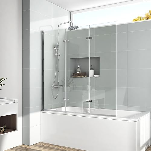 EMKE Duschtrennwand für Badewanne 120x140 cm, Duschwand für Badewanne 3 teilig, Duschwand Badewanne Duschabtrennung Badewanne 6mm Sicherheitsglas Badewannenwand Badewannenaufsatz
