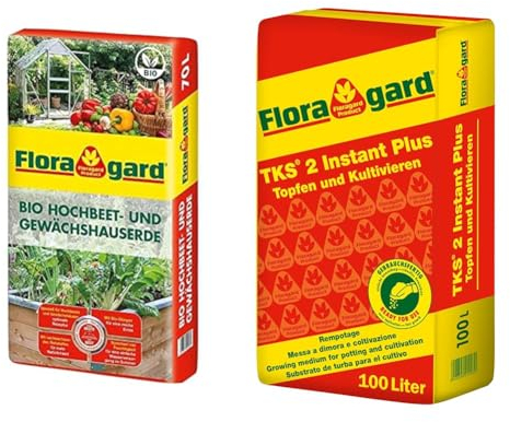Floragard Bio Hochbeet- und Gewächshauserde, 70 liters, Braun & TKS 2 1 x 100 L - Universalerde für Gemüsepflanzen - Geheimtipp für Chilipflanzen - auch für Grünpflanzen