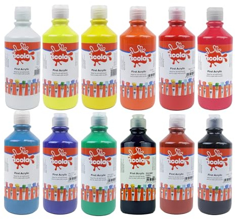 Scola Acrylic Starter Paint, 12 Assorted Colours, 500ml Bottles, Safe Non-Toxic Paints, Washable, Craft Projects, Sponge Painting, For Children