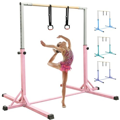 FBSPORT Gymnastics Bar Horizontal Bar with Gymnastic Rings for Kid 13 Height Adjustable, Junior Training Kip Bar Gymnastics Training Equipment for Home Gym Indoor Garden Outdoor