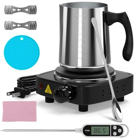 LIROPAU Kerzen Selber Machen Set mit Elektronischer Heizplatte, Wachsschmelzgerät für Kerzenherstellung, Kerze Make Gießtopf, Kerzenwachs Schmelztopf mit Thermometer, Rührlöffel, Dochthalter