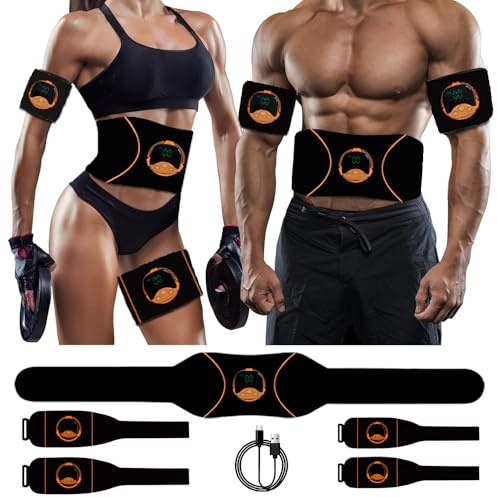 Ceinture Electrostimulation Abdominale, Electrostimulateur Musculaire, Ceinture Abdominale EMS Appareil Pas Besoin de Feuilles de Gel USB Charge Femme Homme Entraînement pour Abdomen/Bras/Jambes 5 Pcs