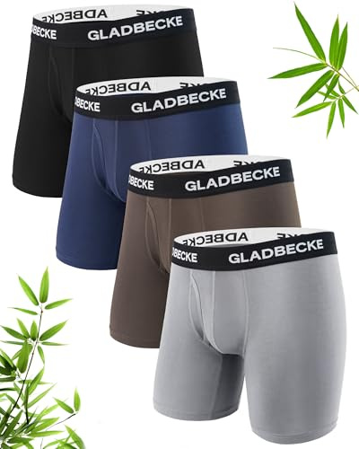 Gladbecke Bamboo Mens Boxers Anti Chafing Soft Comfortable Mens Underwear Boxer Shorts Moisture Wicking Boxers for Men with Longer Leg & No Itchy Labels Multipack of 4,Black & blue & brown & grey,L
