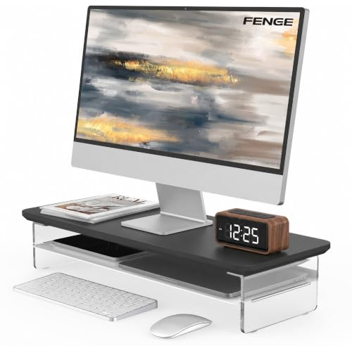 Fenge Support Ecran PC, Acrylique, Ordinateur TV, Noir, 60cm | Charge 45kg, Design Flottant, Tablette Métal, Bord Surélevé, Pastilles Antidérap., Organiseur, Moniteur Écran Bureau Maison