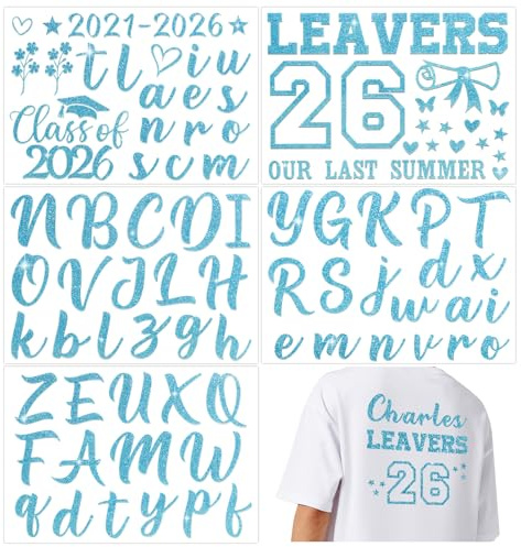 DOORIO 5 Sheets 2026 Leavers Iron on Transfers Class of 2026 Transfer Names Glitter DIY Leavers Shirt Decoration Graduation Transfers for Clothing T-Shirts Backpacks Jerseys (Lignt Blue)