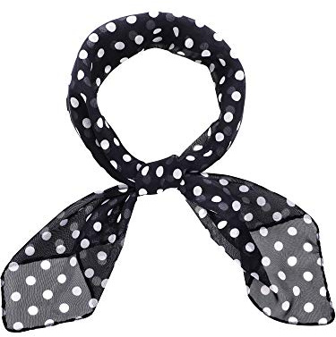 Boao 1 Pcs Polka Dot Scarf 1950s Chiffon Scarf Retro Hair Tie Sheer Square Neck Head Vintage Neckerchief for Women (Black with White Dots)