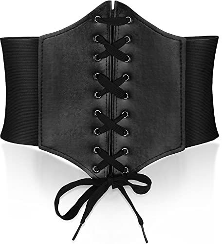 Boyiee Cinturón Ancho de Cintura Corsé con Cordón Piel Sintética PU Halloween(Negro)
