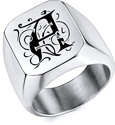 OTXIXTO Anillos de Sello con Monograma Inicial Personalizado para Hombres Anillos de Acero Inoxidable Personalizados Negro Plata Oro Colores Regalo de Memoria Ideal para Hombre Novio(Plata)