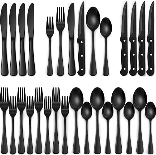 EWFEN 24-Piece Black Silverware Set with Steak Knives, Black Flatware Set for 4, Food-Grade Stainless Steel Tableware Cutlery Set, Mirror Finished Utensil Sets for Home Restaurant, Round Edge