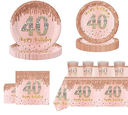 POPOYU Lot de 69 assiettes et gobelets pour fête d'anniversaire 40e anniversaire femme - Assiettes en carton pour 40e anniversaire - Serviettes - Gobelets et nappe pour femme - Décoration de fête