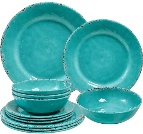ZAROCRUS Juego de 4 platos y cuencos de melamina, 100% melamina sin BPA, 12 piezas, vintage, apto para lavavajillas, color verde azulado
