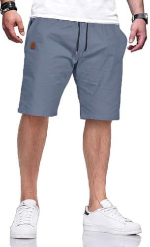 HCSS Mens Casual Shorts Summer Cotton Chino Sports Shorts with Elastic Drawstring Waistband(Denim Blue-L)