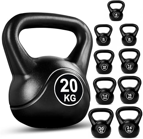 FK Sports Kettlebells | Heavy Weight Vinyl Kettle bells for Exercise Home Gym Workout | 4kg, 6kg, 8kg, 10kg, 12kg, 14kg, 16kg, 20kg, 24kg Kettlebell Weight for Women & Men (Black, 20 KG)