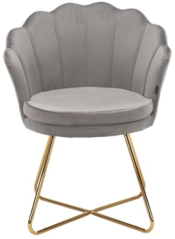 Hawthyhome Polstersessel Esszimmerstühle, Stuhl Schminktisch, Stuhl Samt, Blütenblatt-Rückenlehne Lehnstuhl mit Metallbeinen Gold, Bis 150 KG Belastbar Grau