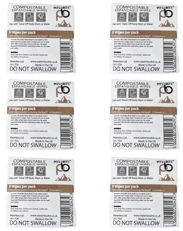 6 x Pits and Bits Expandable Body Wipes Pack of 9, Just add water or Pits and Bits Body Wash, Ultra Strong and Large wipes, compressed coin towels - compostable including the packet!