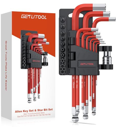 GETLITOOL 9Pcs Hex Key Allen Wrench Set, S2 Steel Allen Key Set with Star Bit 1.5-10mm with Bit Adapter and Torx Bit T8-T50, Ball End L-Key for Bicycle Repair, Furniture Assembly