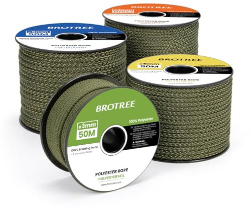 Brotree Corde Tresse Polyester 3mm x 50m Armée Verte, Bobine - 100 KG Charge de Rupture