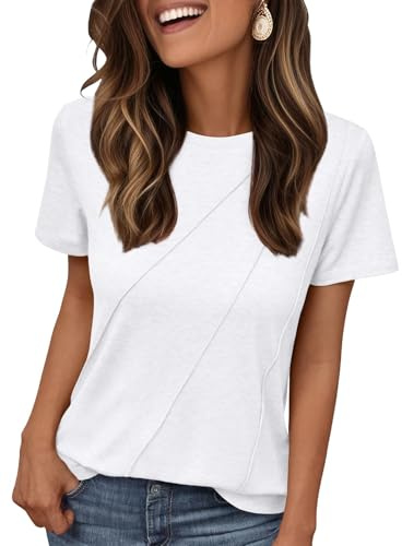 AirMood T-Shirt d'été décontracté Basique pour Femme - Coupe Ample - Col Rond - Manches Courtes, Blanc, M