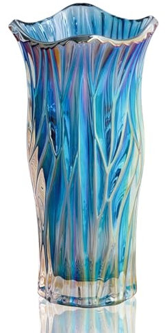 Glass Flower Vase, Large Tall Crystal Coloured Flower Vases, Colorful Flower Vase Plant Container, for Home Dining Table, Gift Wedding, Housewarming Party (Colorful Blue)