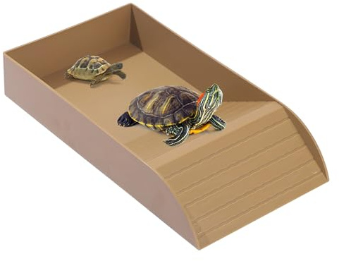 Yeqqqz Tortoise Water Dish with Ramp and Basking, Tortoise Bath Dish, Turtle Food and Water Bowl, Plastic Reptile Water Bowl Fit for Amphibians (Brown)