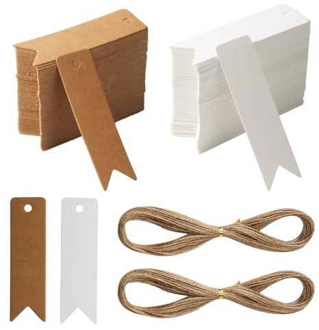 300 presentetiketter, kraftpapper, etiketter, hängen, brunt, vitt kraftpapper, hänge, presentetiketter för märkning, blanka kort för märkning för bröllop, presentförpackning, med 2 jutesnöre