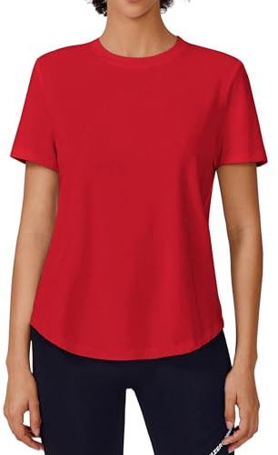 PINSPARK Moisture Wicking Workout Tops for Women Short Sleeve UV Protection Quick Dry Athletic Exercise Hiking Gym Shirts Red