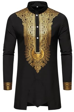 Costume Africain Dashiki 2 pièces pour Homme - Tenue tribale Traditionnelle - Chemise à Manches Longues et Pantalon Musulman Arabe Moyen-Orient - Costume Islamique à Manches Longues Mode